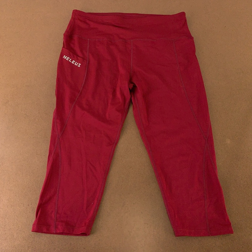 NELEUS Women's Size 3XL Deep Red High Waist Pocketed Capri Leggings New